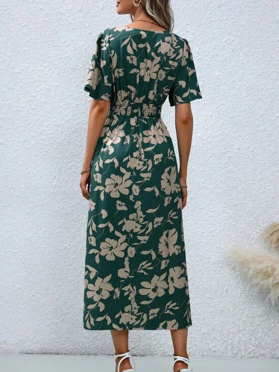 Multicolor Boho Women's V-Neck Short Sleeve Allover Print Slit Flowy Midi Dress - Picture 2 of 6